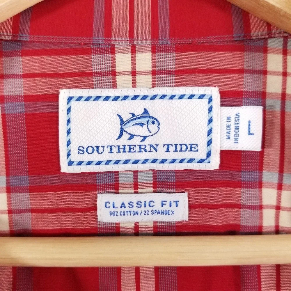 Southern Tide Shirt Mens Large Red Plaid Stretch Sport Classic Fit Button Down